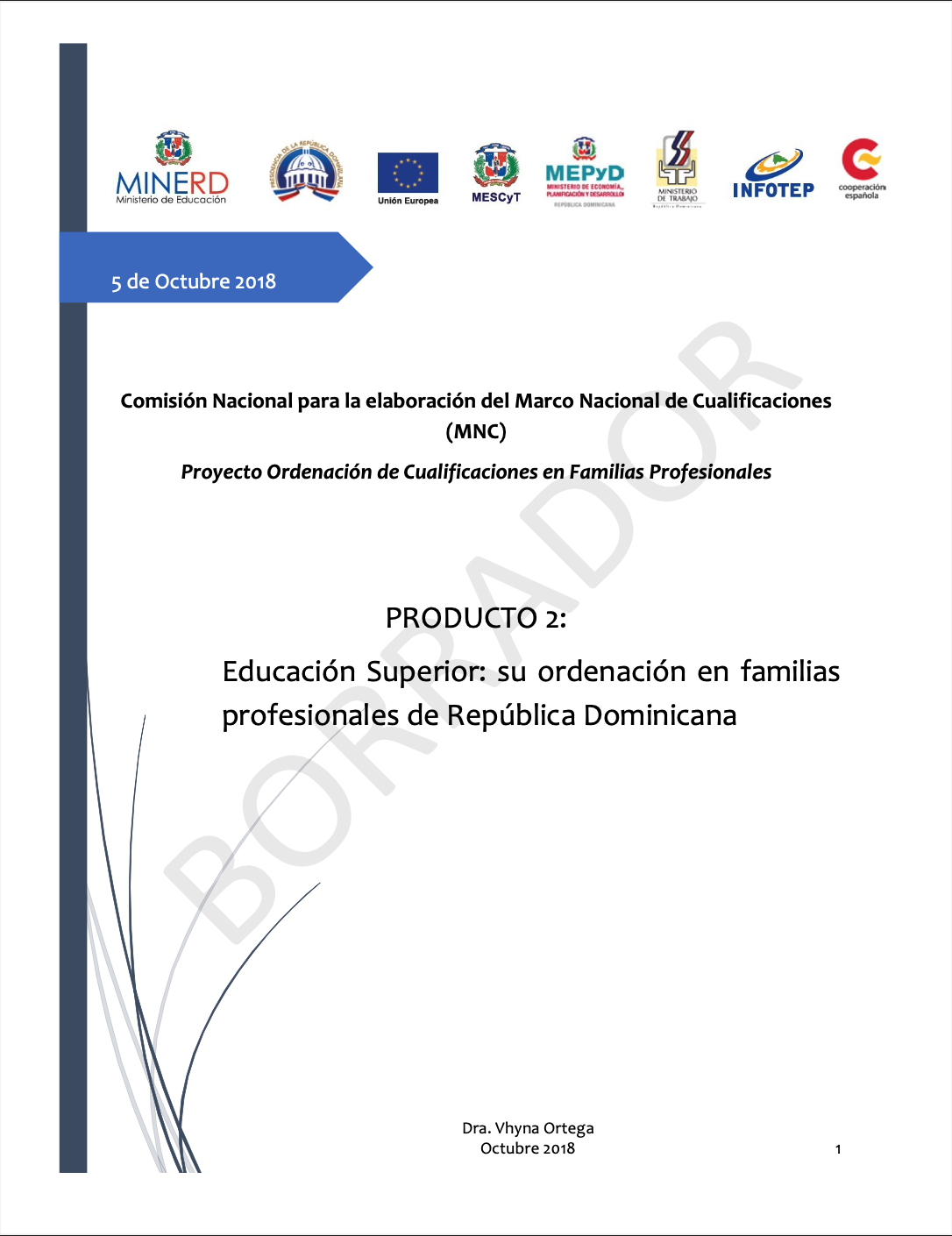 Educación Superior: su ordenación en familias profesionales de República Dominicana. Octubre 2018.