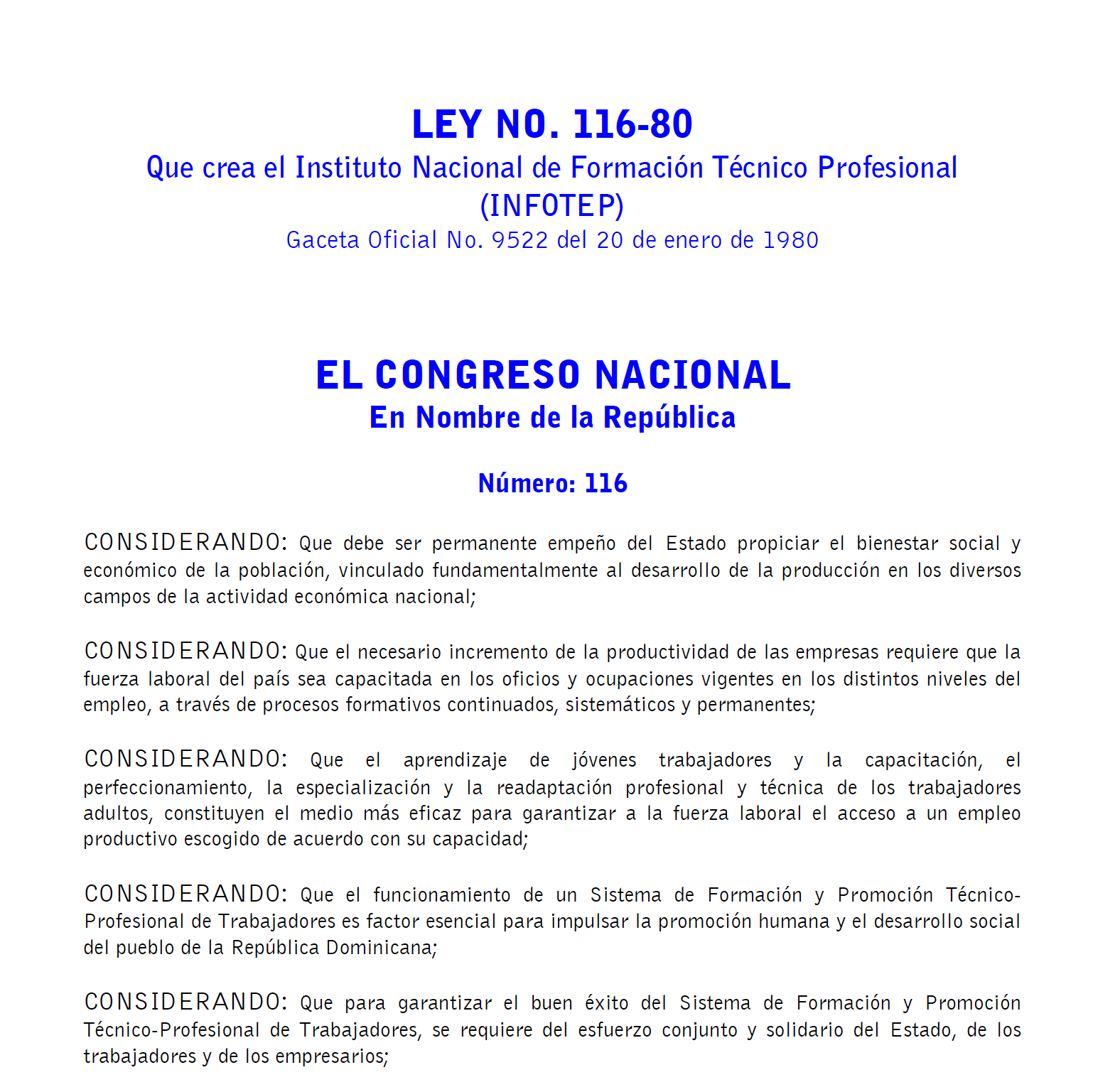 Ley no. 116-80 que crea el Instituto Nacional de Formación Técnico Profesional (INFOTEP)