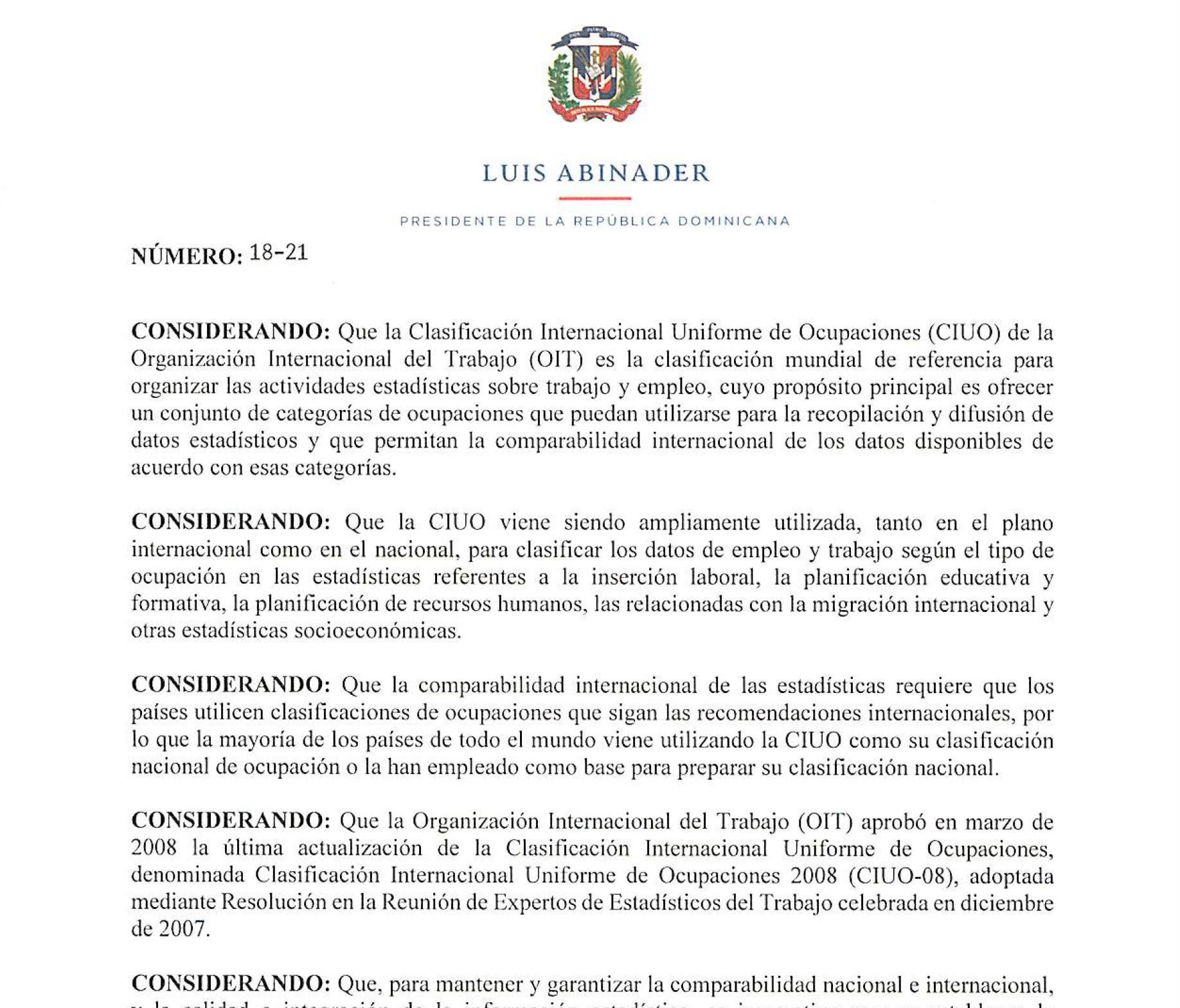 Decreto 18-21 de aprobación de la Clasificación Nacional de Ocupaciones 2019