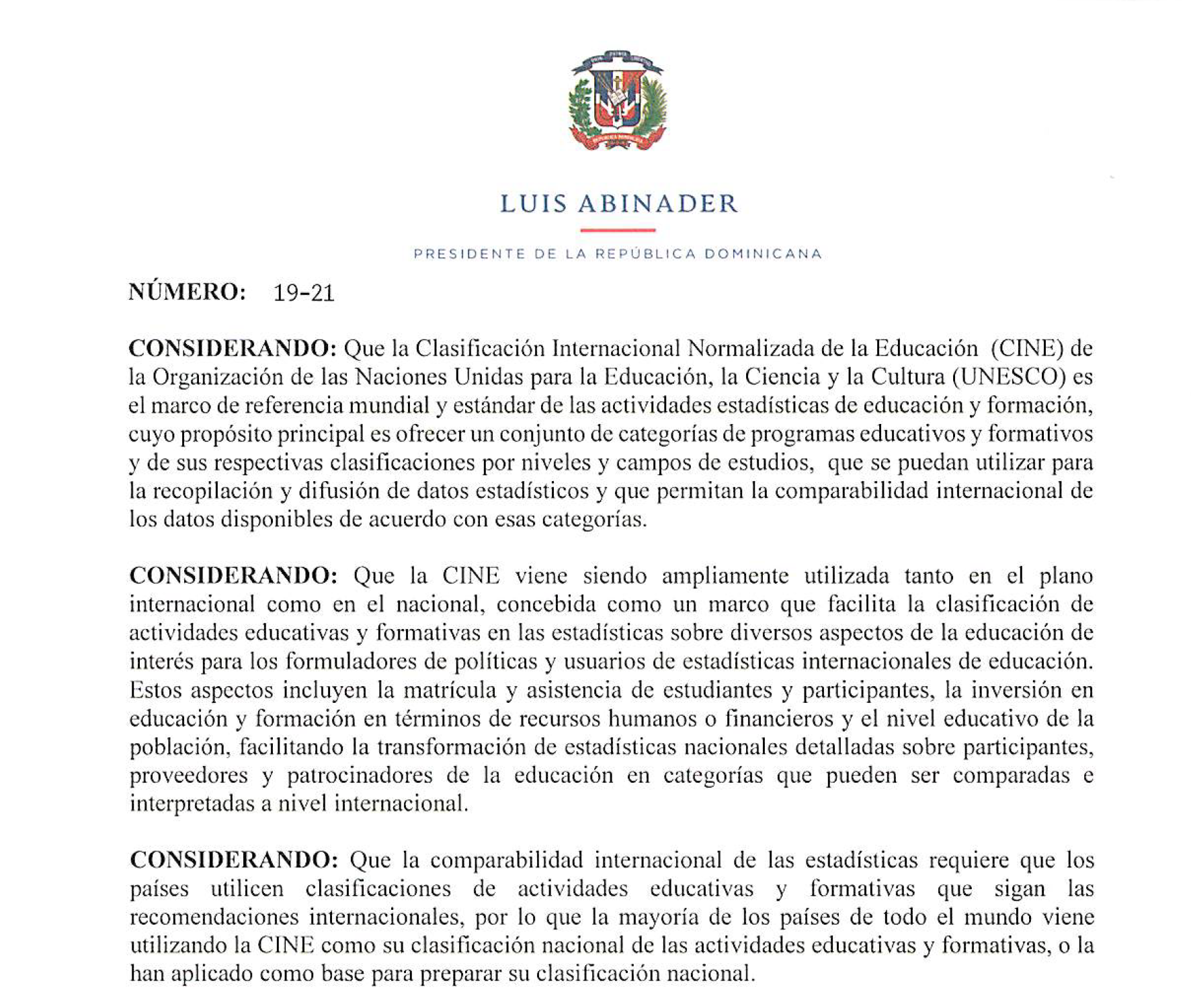 Decreto 19-21 de aprobación de la Clasificación Nacional de Educación y Formación 2019 (CNEF-2019)